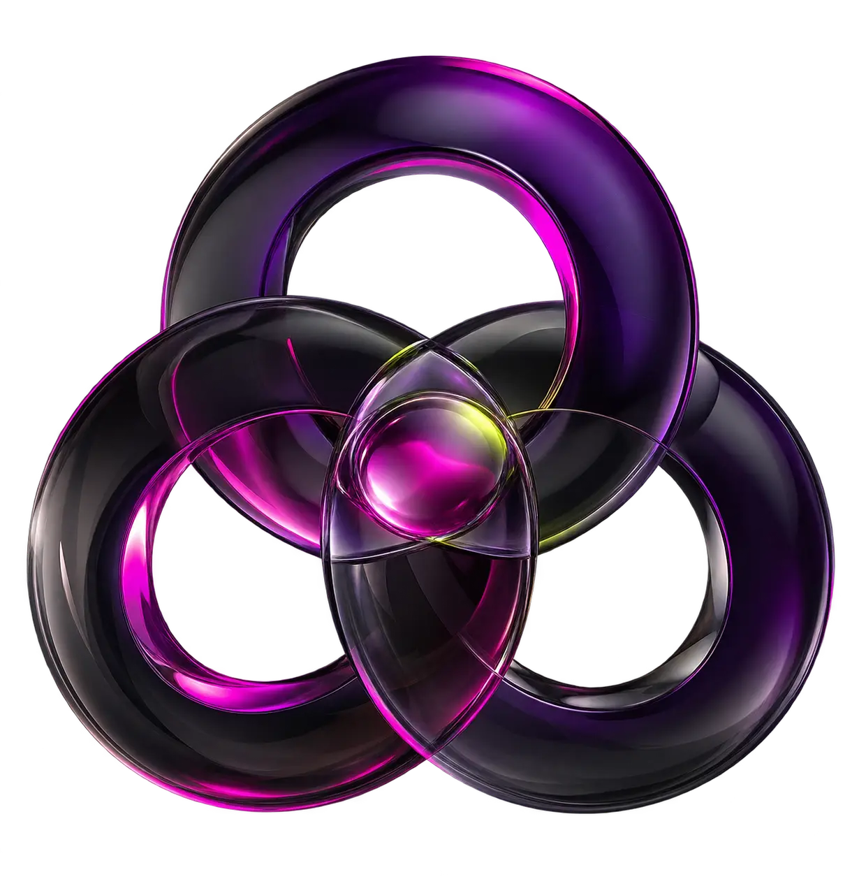 Three interlocking Tangible rings, with a soft light moving across their intersections