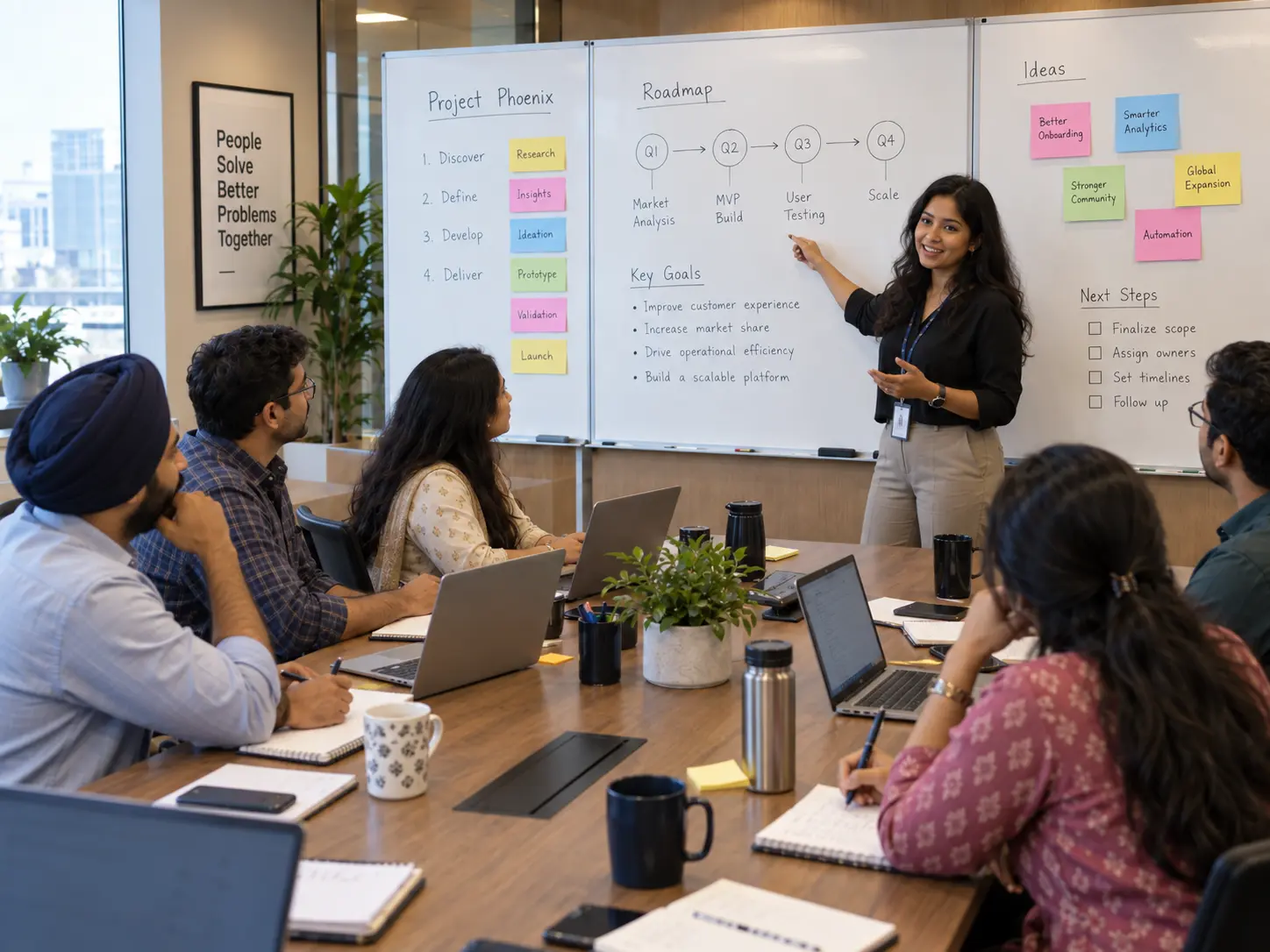 A cross-functional team shaping a product roadmap in a workshop