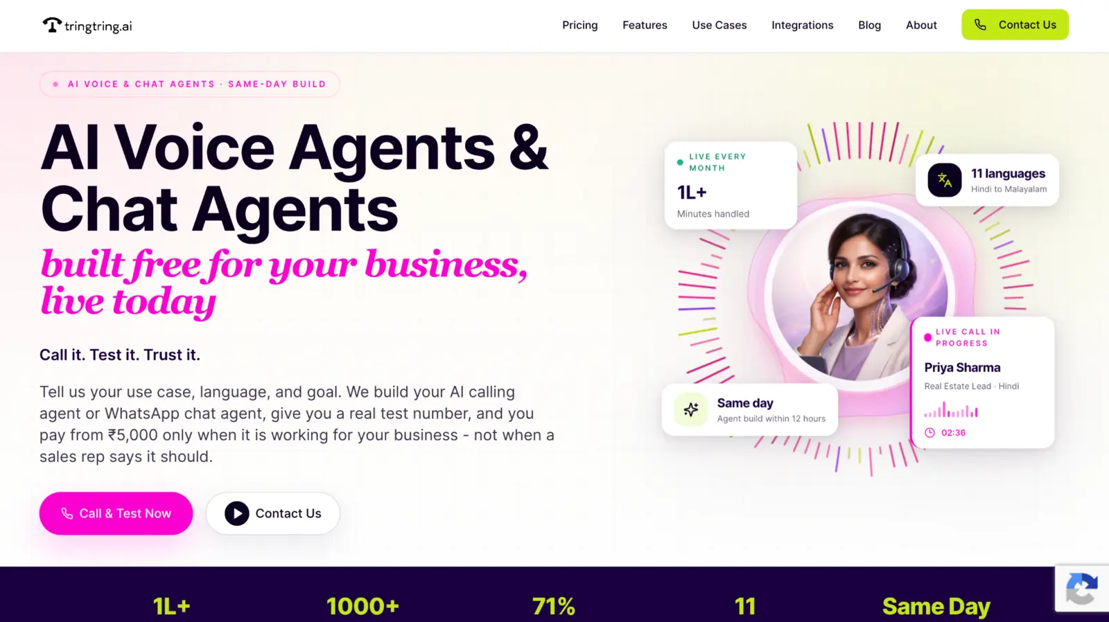 TringTring.ai voice and chat agent product interface